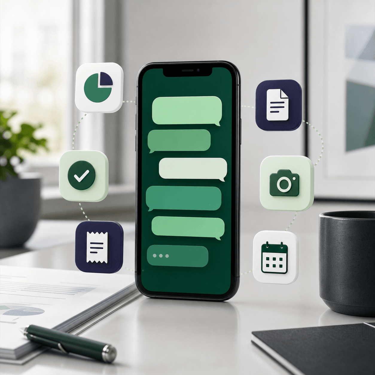 A phone chat interface surrounded by finance, receipt, camera, and calendar capability icons.